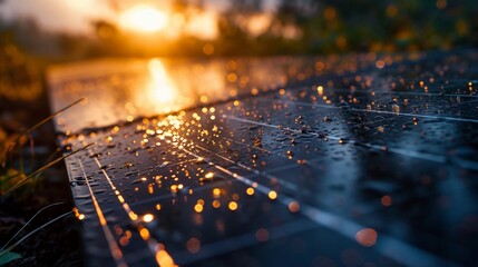 A close-up of a solar panel with dew drops, reflecting the first light of dawn in a serene...
