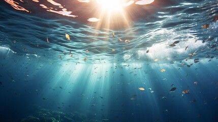 Submerged sunlight with bubbles ascending to ocean surface in Mediterranean French waters. - obrazy, fototapety, plakaty