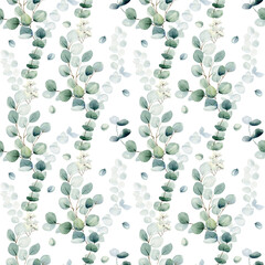 Watercolor seamless floral background. Pattern with eucalyptus leaves. Png.