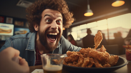 A woman noshing on a takeaway fried chicken wing from a fast food joint with a close-up of her maw...
