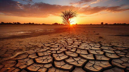 Soil drought cracked landscape sunset - obrazy, fototapety, plakaty