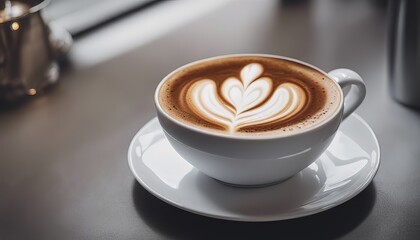 Cup of cappuccino on the table, gray and brown background