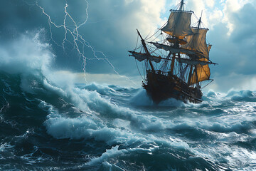 The Pirate Ship's Battle with the Storm, ship in the ocean, A daring pirate ship in a stormy sea,...