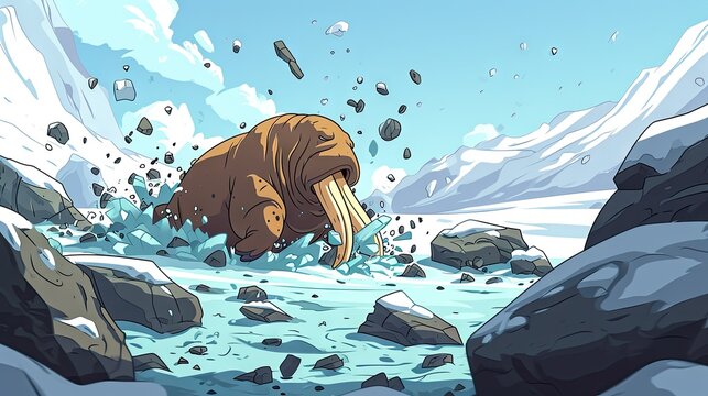  a cartoon picture of a walrus digging through a stream of water with rocks and snow on either side of it.