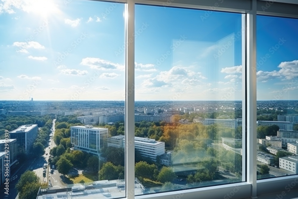 Wall mural view from a skyscraper window, clear sunny day, view of the city and nature