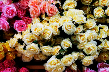 Beautiful flowers bouquet in different color tone and styles in Thailand market, nice background textures. Thai orchids, roses, carnations etc. Close up shot.