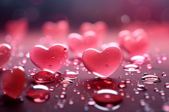 Red and pink hearts and water drops on table. Valentines day concept. Capture romance with our vibrant images