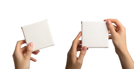 Hand holding blank empty white canvas mock up of square shape, isolated on white