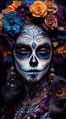 Mexican holiday of the dead and halloween. Woman with sugar skull make up and purple flowers.