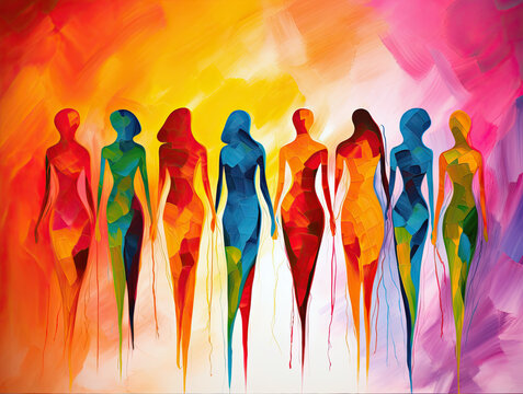 Abstract minimalism colourful watercolour oil overlapping silhouettes of female. Feminism, girl power, protest, girls holding hands - Powered by Adobe