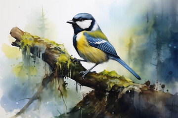 Watercolor image of Great Tit bird. Painted illustration of forest and garden bird Parus Major.  Beautiful backyard avian on a white background