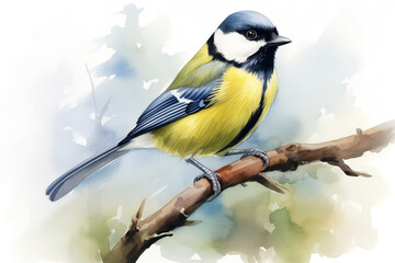 Watercolor image of Great Tit bird. Painted illustration of forest and garden bird Parus Major.  Beautiful backyard avian on a white background
