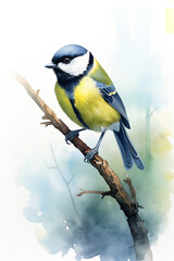 Naklejka premium Watercolor image of Great Tit bird. Painted illustration of forest and garden bird Parus Major. Beautiful backyard avian on a white background