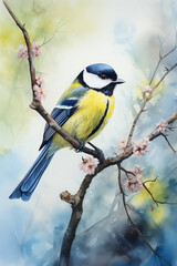 Fototapeta premium Watercolor image of Great Tit bird. Painted illustration of forest and garden bird Parus Major. Beautiful backyard avian on a white background