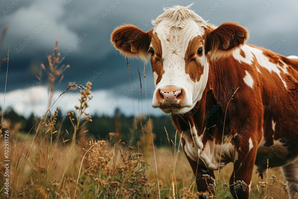 Canvas Prints a close up of a brown and white cow in a field of grass with a cloudy sky in the background.