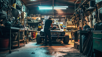 man working on the garage with his car