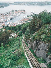 Railway in Norway leading to the city, European travel ideas.