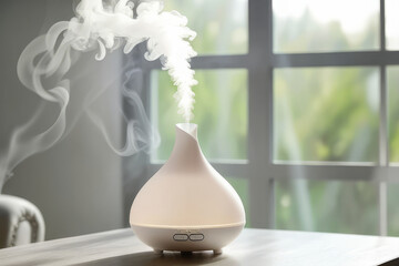 Aroma oil white glass diffuser with rising steam flow on table by window.