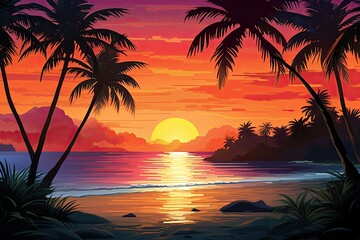 A tropical island sunset banner template, perfect for romantic getaways