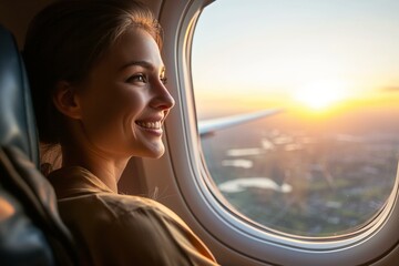 Woman Captivated by the Enchanting Sunset from an Airplane Window - obrazy, fototapety, plakaty