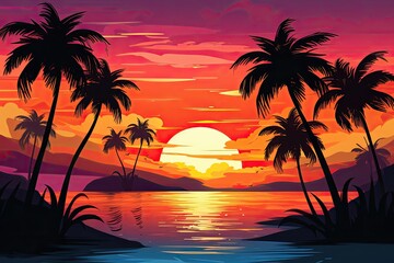Fototapeta na wymiar A tropical island sunset banner template, perfect for romantic getaways
