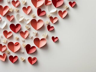 Red and white hearts on a white background with space for text