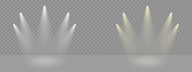 Light rays effect vector on transparant scene. Stage lamp on award ceremony flare the event. Spot beam shine and glow, illuminate concert studio. - obrazy, fototapety, plakaty