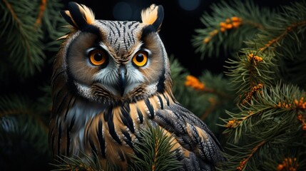long eared owl in a pine tree