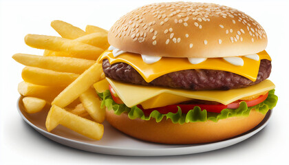 Frying potatoes and a large, delicious hamburger are isolated on a white background.