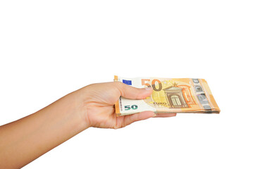 Hand holding euro money isolated on white background.