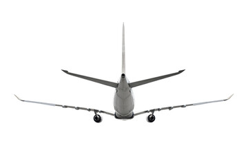 Rear view of a wide body passenger jetliner flying isolated