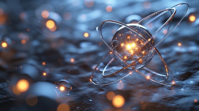 A detailed model of an atom, with orbiting electrons, glowing against a dark, plain backdrop, emphasizing atomic structure.