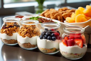 A hotel breakfast buffet scene featuring a yogurt and granola station - offering a wide selection of fresh ingredients and toppings - Powered by Adobe