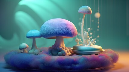 A family of magic mushrooms glowing with neon light on a black background. Surreal lamellar mushroom. Fantasy illustration for banner, poster, cover, brochure or presentation. - obrazy, fototapety, plakaty