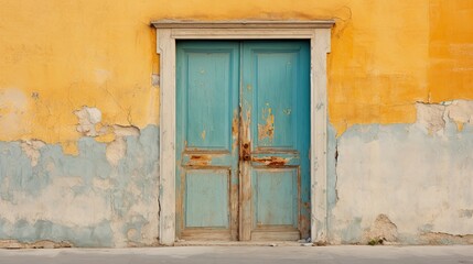 The dilapidated wall of the building and the wooden door require major repairs. Facade of a house with damaged plaster. Photophone for retro shooting. Illustration for cover, card, interior design.