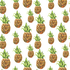 Seamless watercolor pattern. Pineapples isolated on white background. Summer, tropical fruits. Design for wrapping paper.