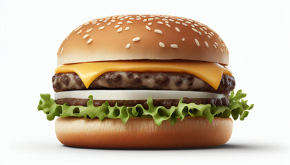 Delectable burger isolated on a white background on a table - obrazy, fototapety, plakaty