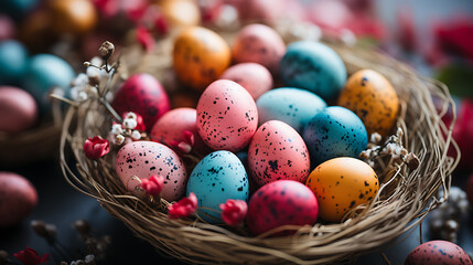 easter eggs in a nest, Close-up of a woven Easter basket filled with eggs, text space on the right, copyspcae, easter wallpaper