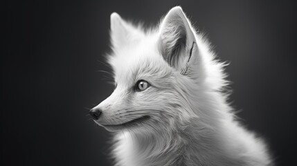 Obraz premium Close-up of fox face with white fluffy fur. Animal in habitat in monochrome style. Illustration for cover, card, interior design, brochure or presentation.