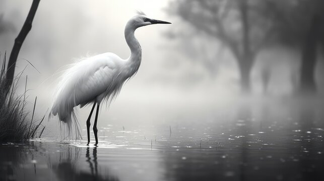 A wading bird stands in the water. White heron in the misty morning. Natural background. Illustration for cover, card, postcard, interior design, banner, poster, brochure or presentation.