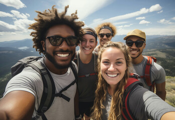 Print. High quality pCreated with the help of artificial intelligence. Friends are walking in the mountains, enjoying these moments of rest.hoto