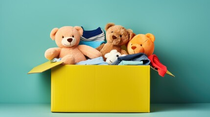 Charity Donation Box. Toys, Books, Clothing on Light Blue Background. Aiding Low-Income Families, Decluttering, Selling Online, and Relocating Assistance - obrazy, fototapety, plakaty