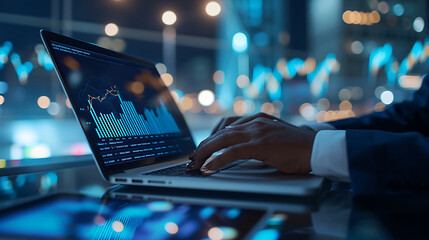 Corporate Executive Analyzing Dynamic 3D Financial Graphs, Professional Trader Focused on Data-Driven Market Trends, In-Depth Financial Analysis on Laptop Screen