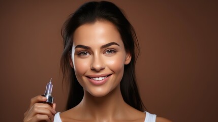 Domestic skin care and wrinkle control. Satisfied dark haired woman applying facial serum with dropper smiling, isolated on brown background copy space.