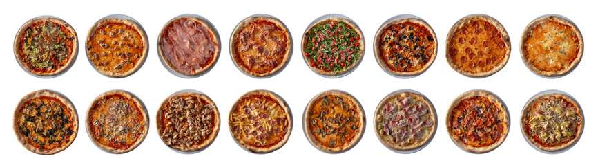 top view 16 pizzas with various flavours. isolated white background