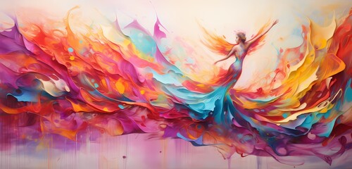Fluidic ballet of vibrant liquid, gracefully moving and splashing in a choreography of colors against an abstract canvas