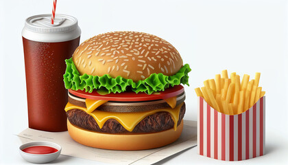 Isolated flat-lay burger and fries with coke on a white background