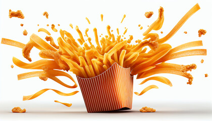 Isolated French fries hover over a white background. - obrazy, fototapety, plakaty
