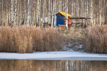 Papier Peint photo Bouleau a colorful hut on the river bank in a birch grove