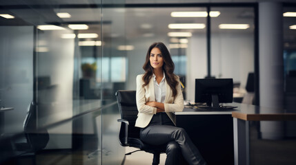 Beautiful brunette woman in stylish business clothes. Successful strong woman, office worker, manager.